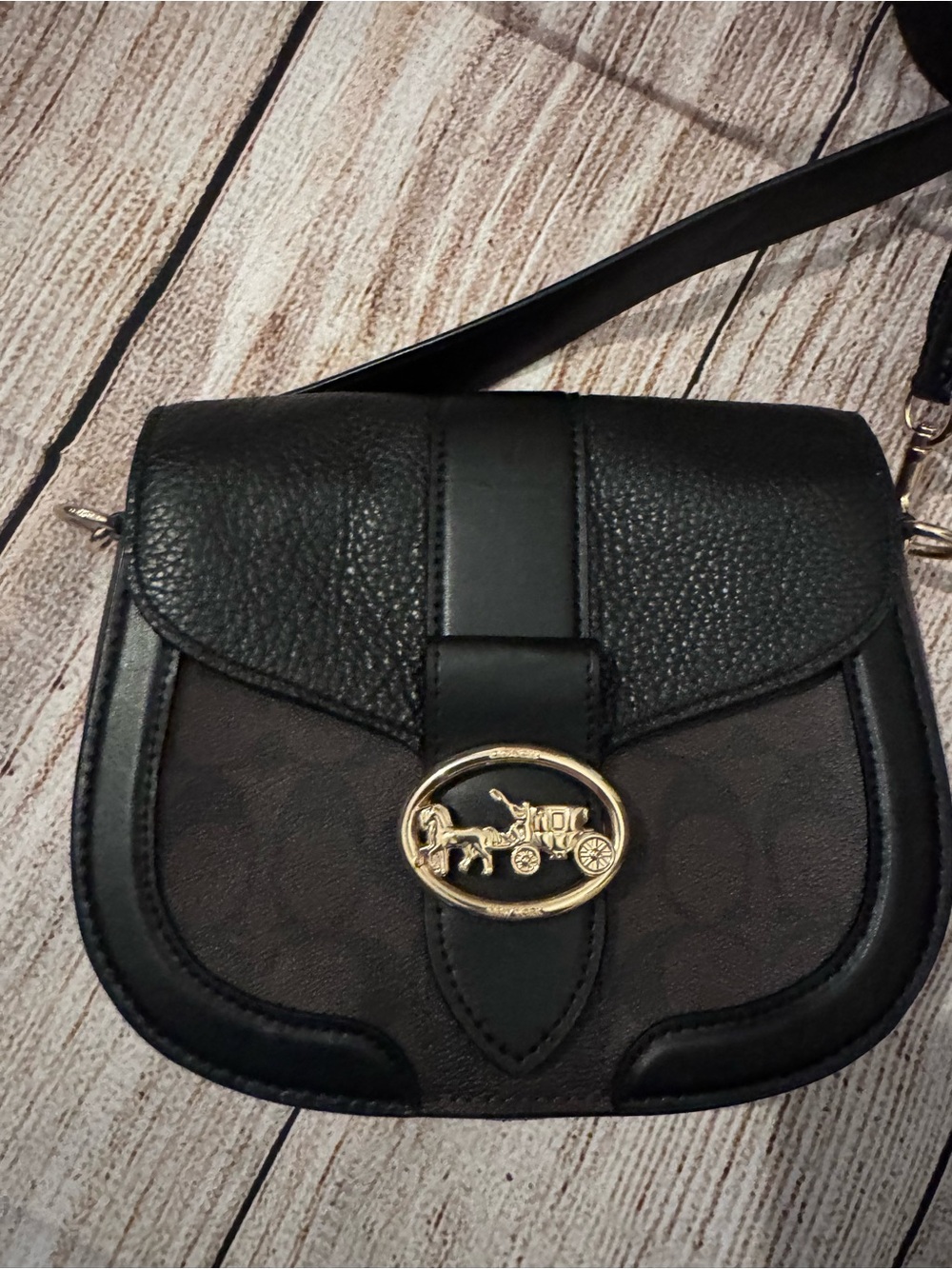 Coach Georgie Black and Brown Small Saddle Crossbody with Gold Hardware!